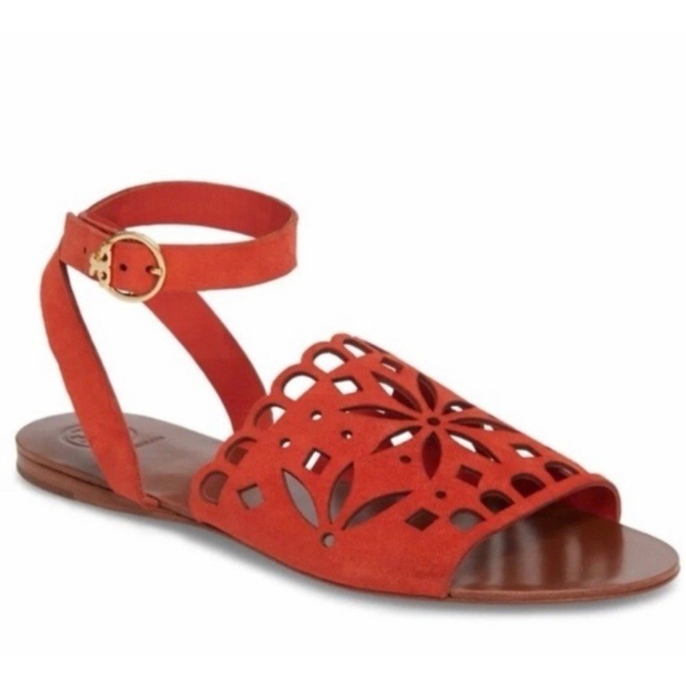 Tory Burch May Flat Suede Leather Perforated Laser Ankle Strap Sandals 8 Lancast